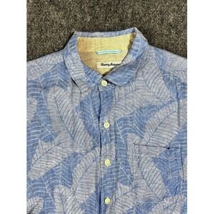 Tommy Bahama Button‎ Down Shirt Mens Large Blue Tropical Leaf Linen Blend LS